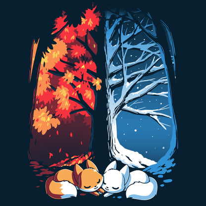Two navy blue Fall & Winter Foxes sleeping under a TeeTurtle original designed tree.