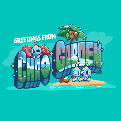 Premium Cotton T-shirt_TeeTurtle caribbean blue Greetings from Chao Garden Premium Cotton T-shirt featuring a vintage postcard design with cute little chao guys on an island with a coconut tree. There is text that reads "Greetings from" at the top and below there is a landscape visible in the bubble letters that spell "Chao Garden"
