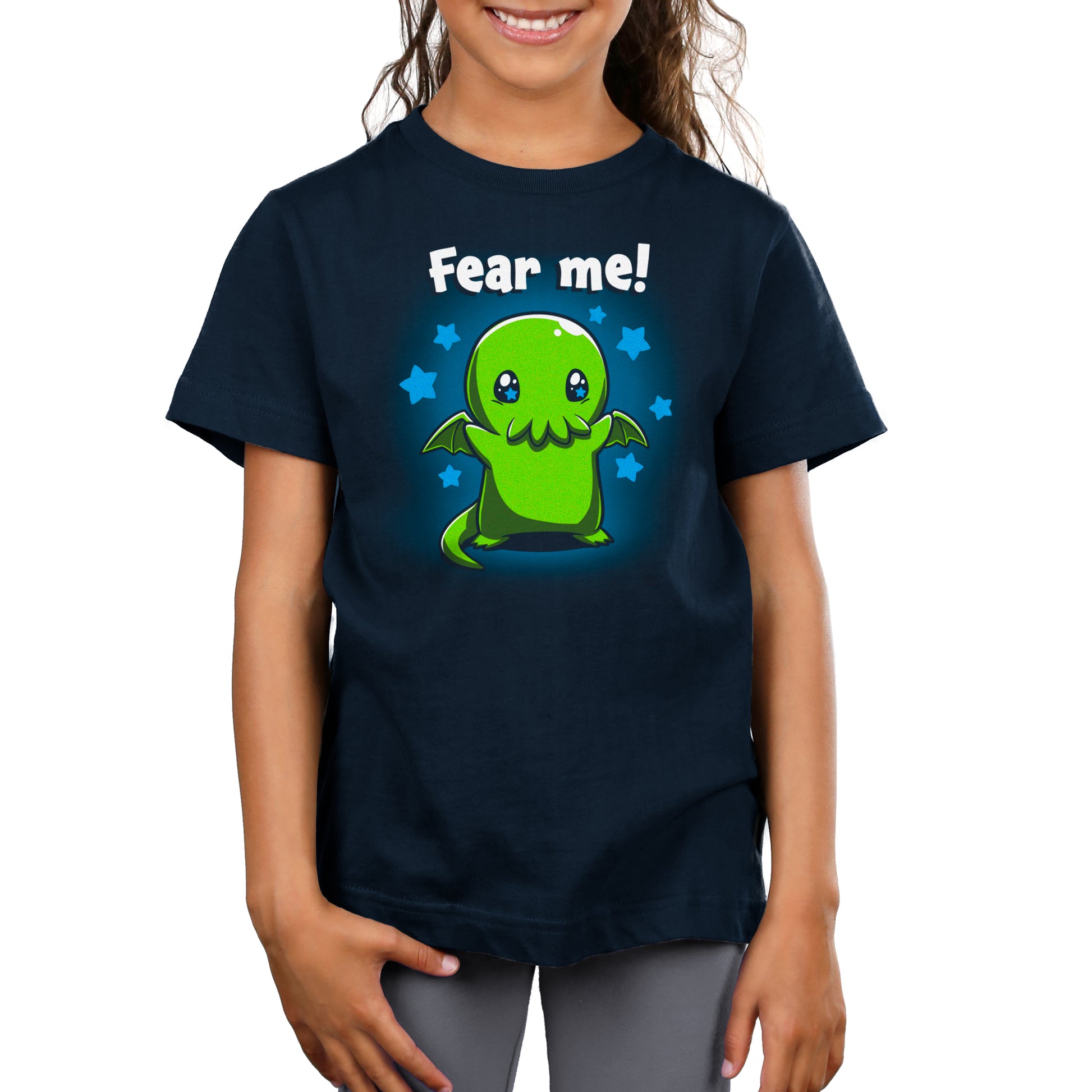 Premium Cotton T-shirt_Teeturtle Fear Me! Navy Blue t-shirt featuring a cute Cthulhu with starry eyes surrounded by stars with the words 'Fear me!' written above its head in this magical creature design. 