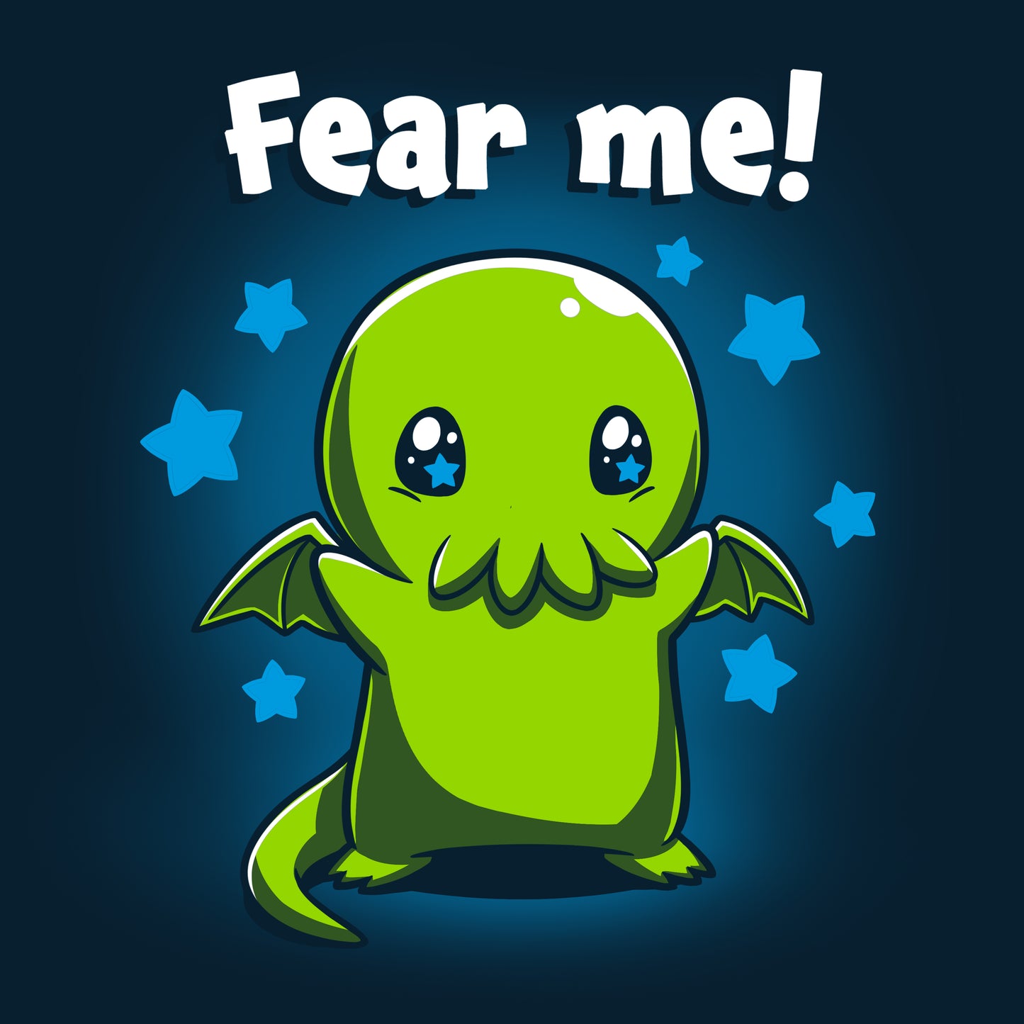 Premium Cotton T-shirt_Teeturtle Fear Me! Navy Blue t-shirt featuring a cute Cthulhu with starry eyes surrounded by stars with the words 'Fear me!' written above its head in this magical creature design. 