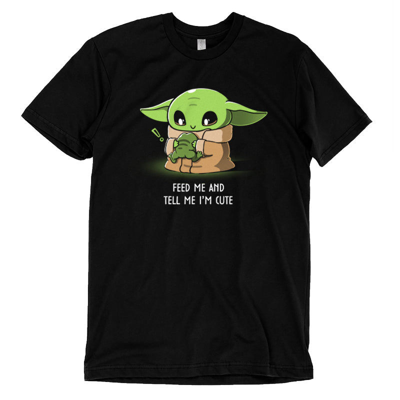 Officially Licensed Star Wars T-Shirt featuring Feed Me and Tell Me I'm Cute, also known as Baby Yoda.