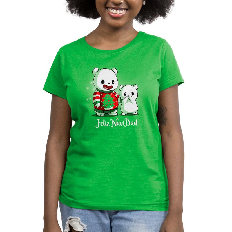 Premium Cotton T-shirt - A person is wearing a green unisex apparelwith cartoon bears and the text "Feliz NaviDad" printed on it from monsterdigital.