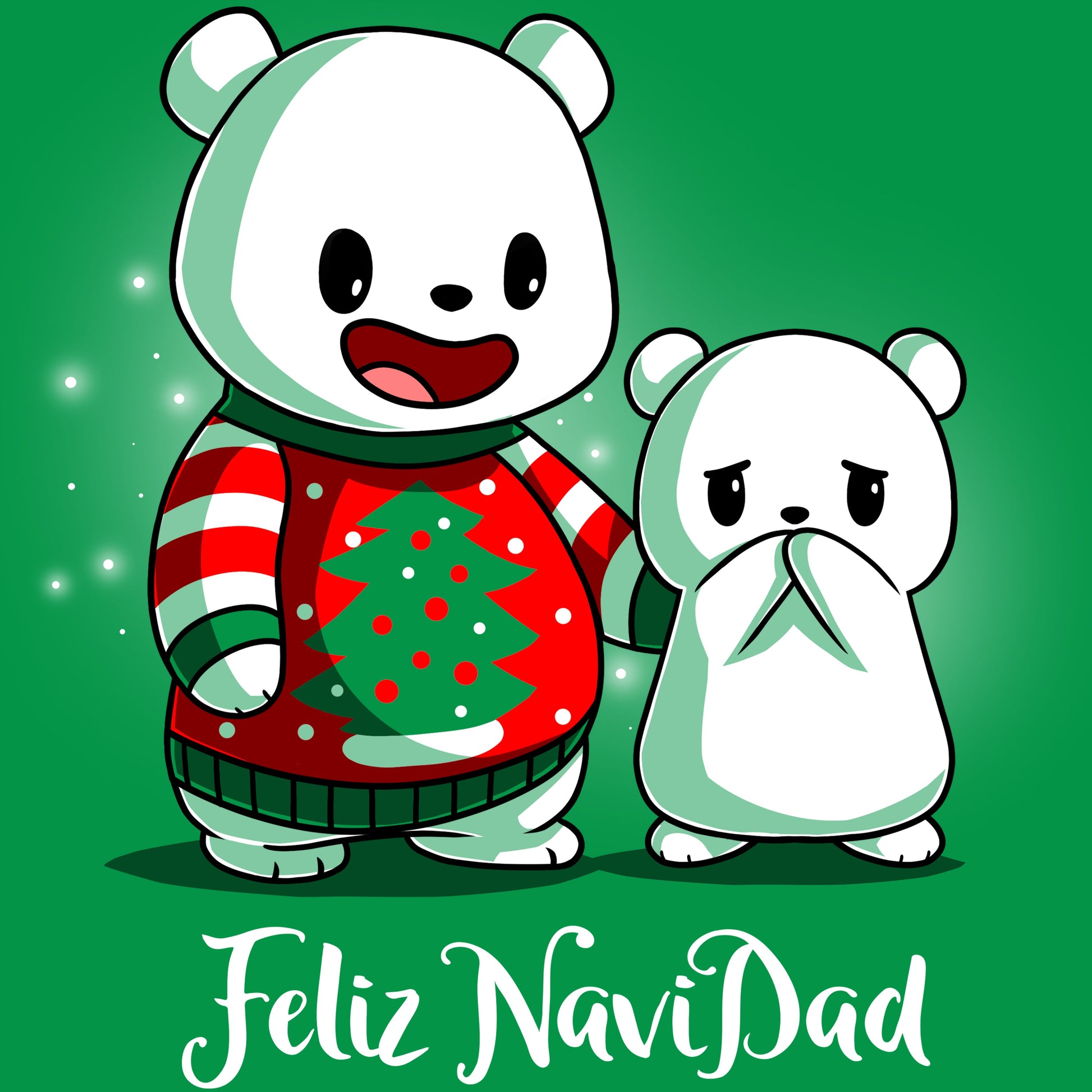 Premium Cotton T-shirt - Two cartoon bears, one wearing a Christmas apparel and smiling, the other looking sad and holding a blanket, with the text "Feliz NaviDAD by monsterdigital" below.