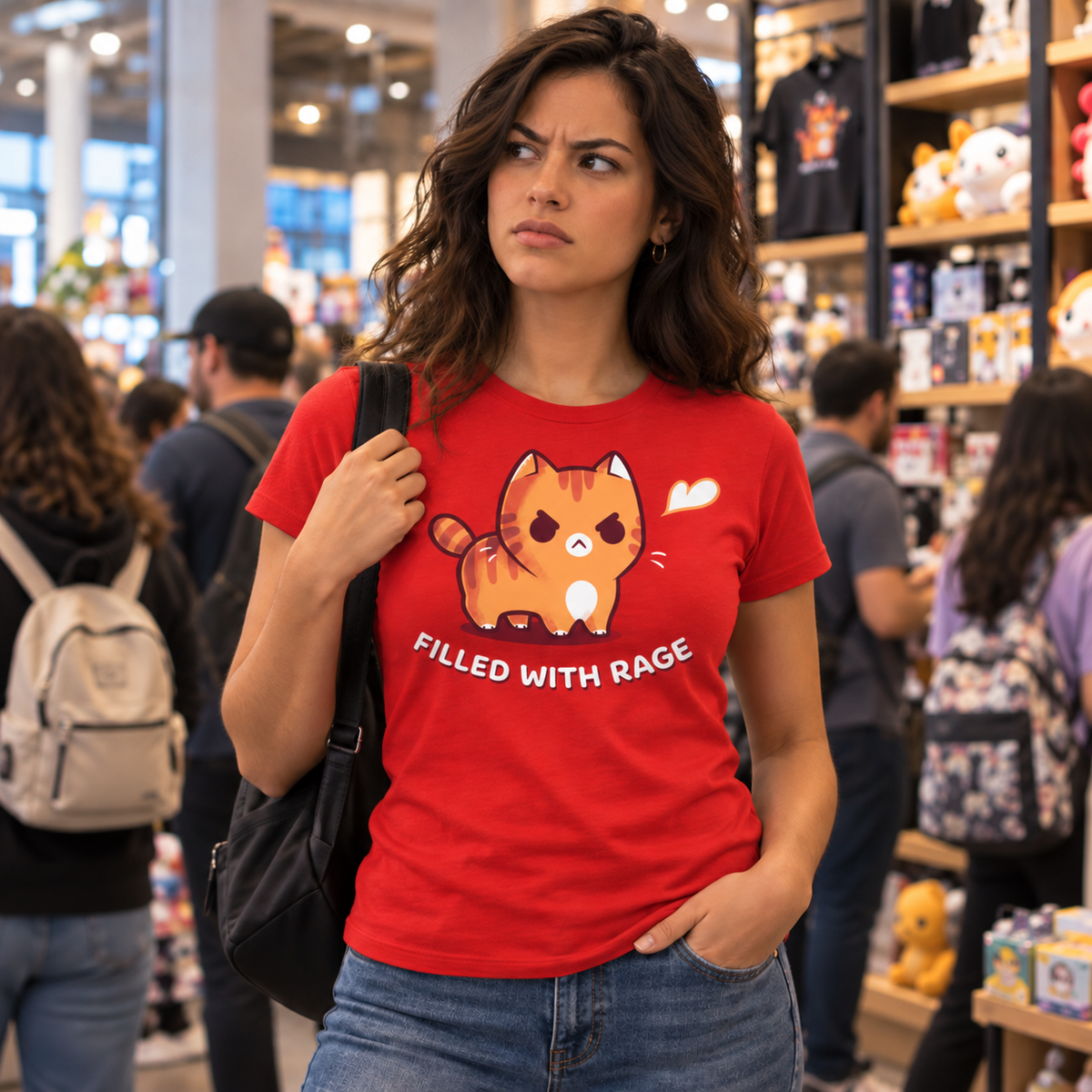 Women's Premium T-Shirt_TeeTurtle red Filled With Rage Women's Premium T-Shirt featuring an angry orange tabby cat puffed up with its tail raised and a small white puff beside it, with the text "Filled With Rage."