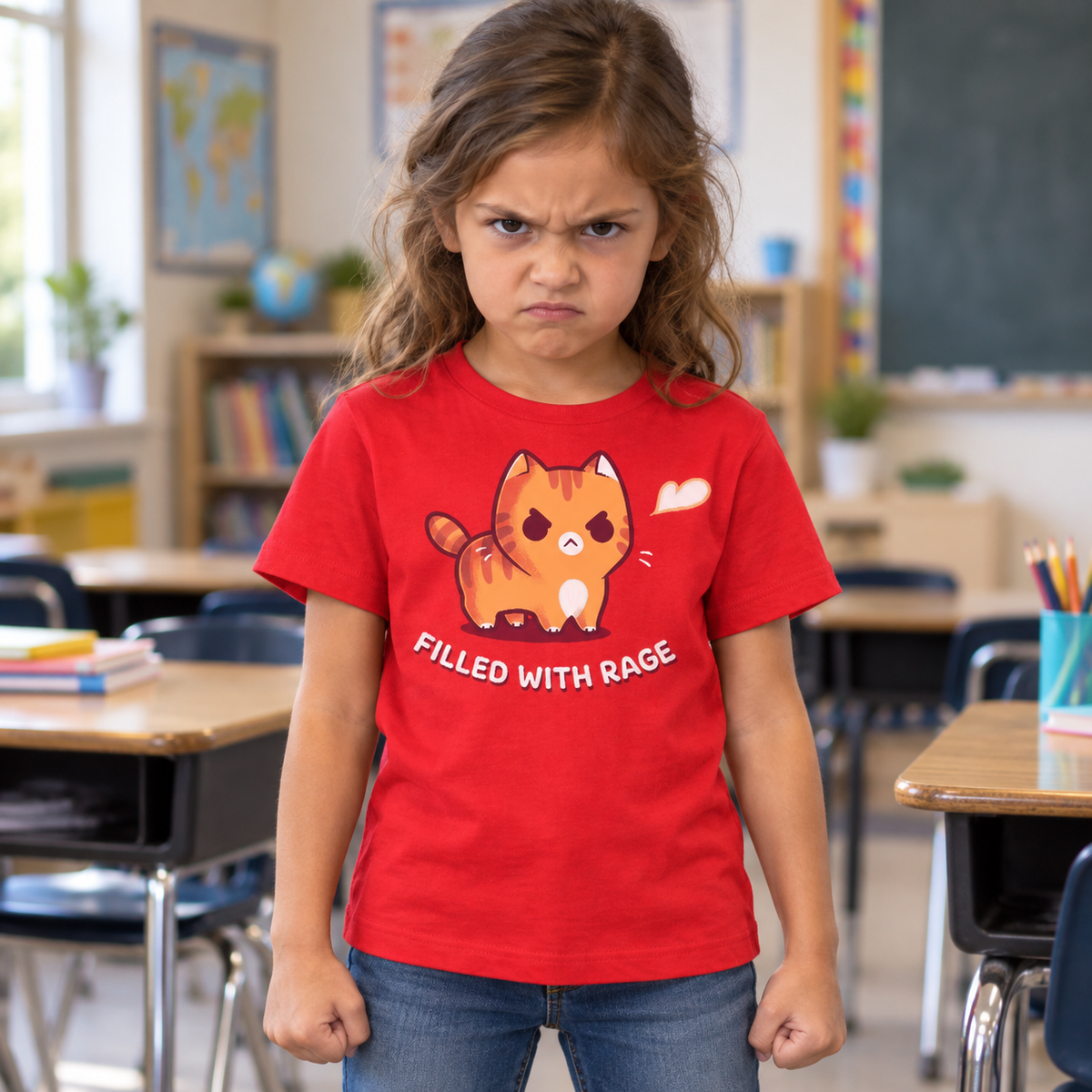 Kids' Classic T-Shirt_TeeTurtle red Filled With Rage Kids' Classic T-Shirt featuring an angry orange tabby cat puffed up with its tail raised and a small white puff beside it, with the text "Filled With Rage."