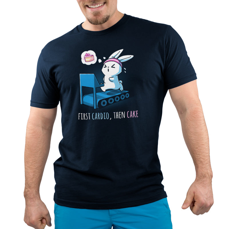 A man wearing a TeeTurtle First Cardio, Then Cake t-shirt with a bunny on it.