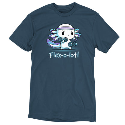 A denim blue T-shirt with the word Flex-o-lotl, made by TeeTurtle.