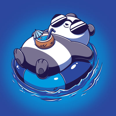 Premium Cotton T-shirt_Teeturtle royal clue Float Panda apparel featuring a chill Panda in sunglasses relaxing on it's back in an innertube with a tropical drink sitting on their stomach.