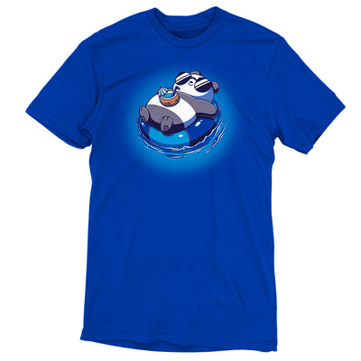 Premium Cotton T-shirt_Teeturtle royal clue Float Panda apparel featuring a chill Panda in sunglasses relaxing on it's back in an innertube with a tropical drink sitting on their stomach.