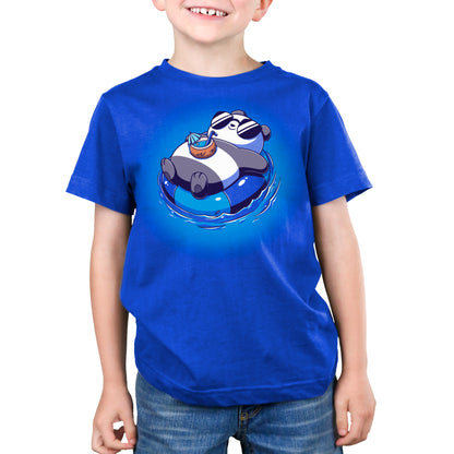 Premium Cotton T-shirt_Teeturtle Float Panda Royal Blue Featuring a chill Panda in sunglasses relaxing on an innertube with a tropical drink and living their best life.