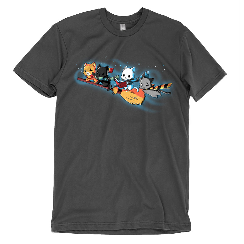 A charcoal gray Flying House Cats t-shirt from TeeTurtle.