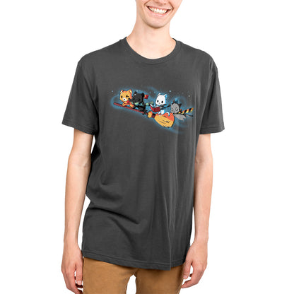 A young man wearing a black t-shirt with TeeTurtle's Flying House Cats cartoon characters on it goes on an adventure.