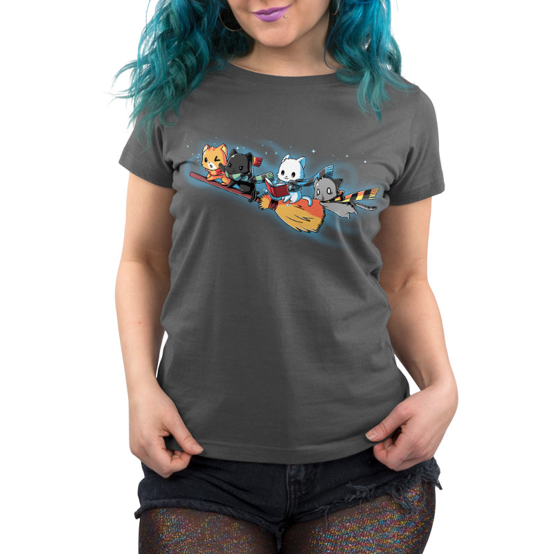 A charcoal gray Flying House Cats women's t-shirt featuring a cat on a skateboard, by TeeTurtle.