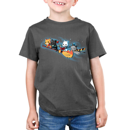 A young boy wearing a TeeTurtle t-shirt with Flying House Cats cartoon characters on it goes on an adventure.
