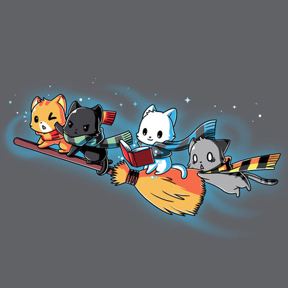 A whimsical adventure with TeeTurtle's Flying House Cats on a charcoal gray broomstick.