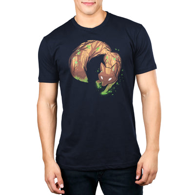 Premium Cotton T-shirt_TeeTurtle navy blue Forest Fox featuring an illustrated fox with tree bark texture and green leaves on its body, bending in a circular shape against a dark background with glowing green particles.