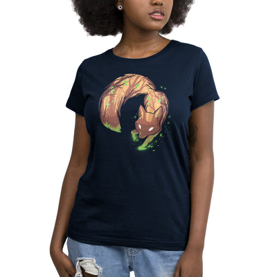 Premium Cotton T-shirt_TeeTurtle navy blue Forest Fox featuring an illustrated fox with tree bark texture and green leaves on its body, bending in a circular shape against a dark background with glowing green particles.
