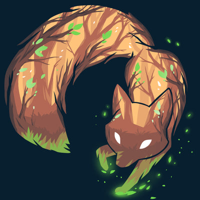 Premium Cotton T-shirt_TeeTurtle navy blue Forest Fox featuring an illustrated fox with tree bark texture and green leaves on its body, bending in a circular shape against a dark background with glowing green particles.