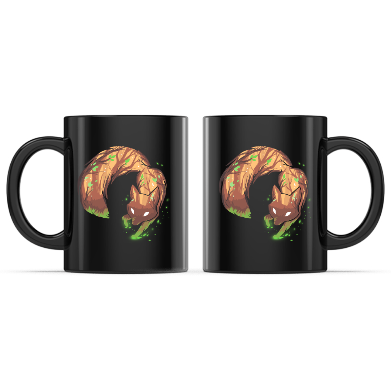 Ceramic Mug_TeeTurtle Forest Fox black mug featuring a curled-up woodland fox with glowing white eyes surrounded by green magical energy in a mystical forest design.
