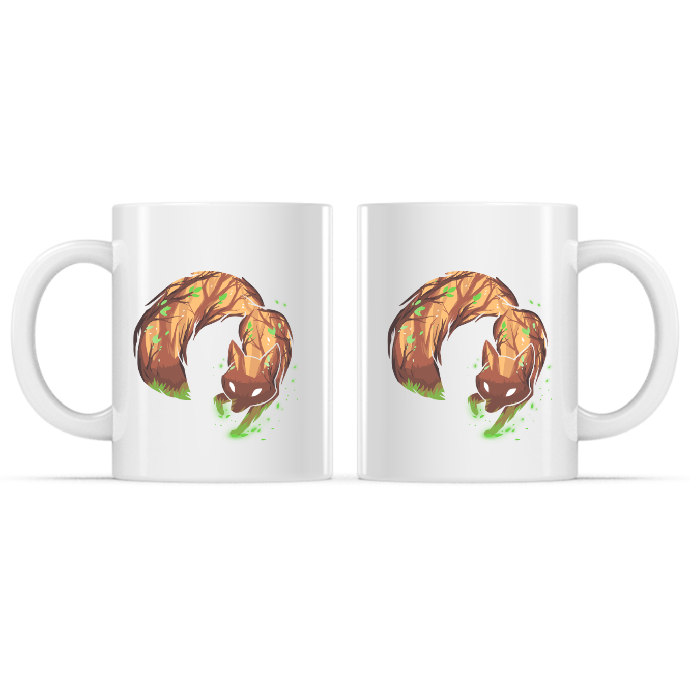 Ceramic Mug_TeeTurtle Forest Fox white mug featuring a curled-up woodland fox with glowing white eyes surrounded by green magical energy in a mystical forest design.