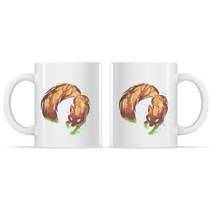 Ceramic Mug_TeeTurtle Forest Fox white mug featuring a curled-up woodland fox with glowing white eyes surrounded by green magical energy in a mystical forest design.