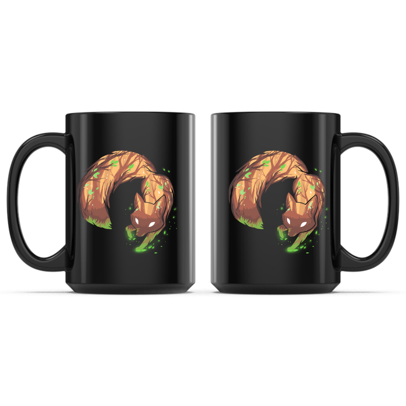 Ceramic Mug_TeeTurtle Forest Fox black mug featuring a curled-up woodland fox with glowing white eyes surrounded by green magical energy in a mystical forest design.