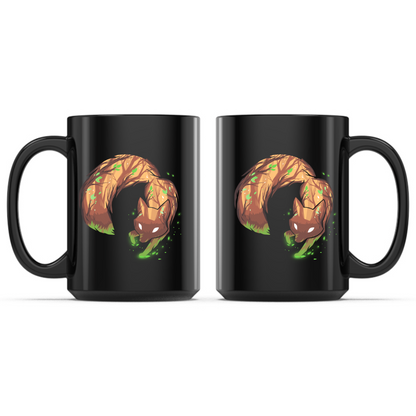 Ceramic Mug_TeeTurtle Forest Fox black mug featuring a curled-up woodland fox with glowing white eyes surrounded by green magical energy in a mystical forest design.