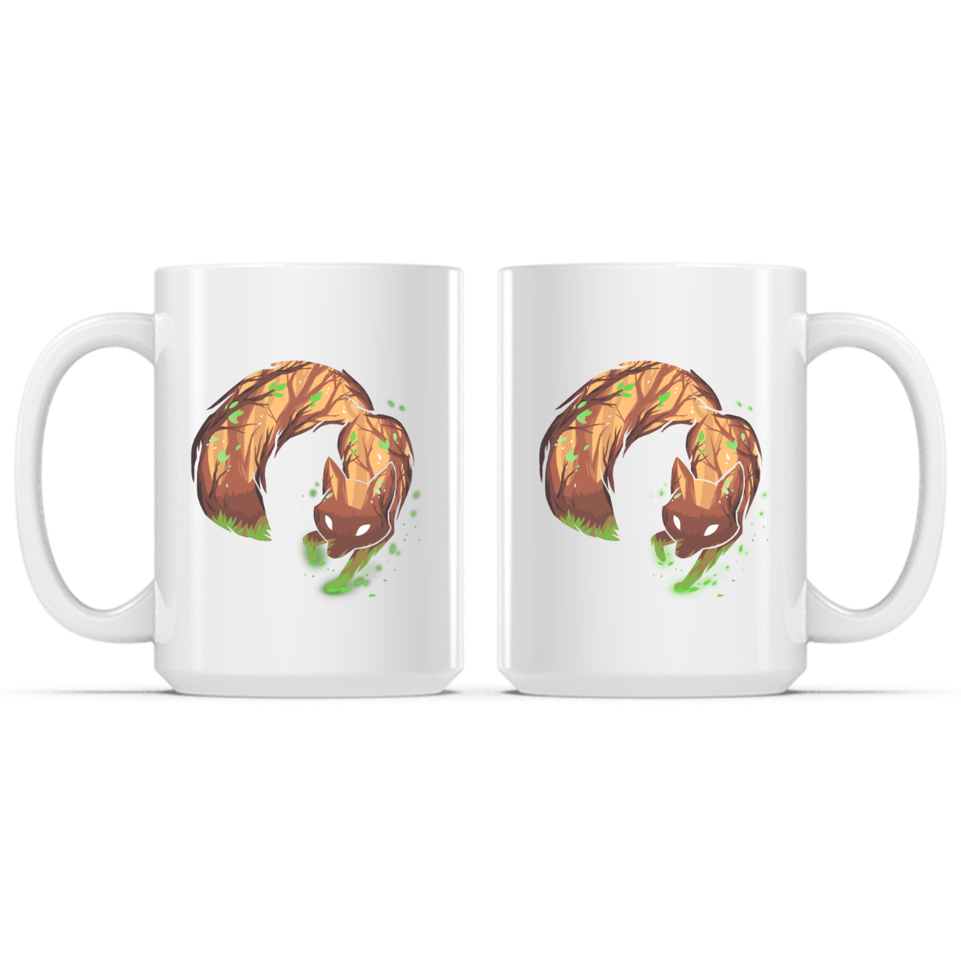 Ceramic Mug_TeeTurtle Forest Fox white mug featuring a curled-up woodland fox with glowing white eyes surrounded by green magical energy in a mystical forest design.
