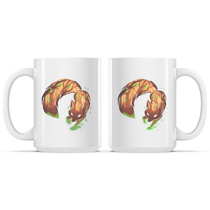 Ceramic Mug_TeeTurtle Forest Fox white mug featuring a curled-up woodland fox with glowing white eyes surrounded by green magical energy in a mystical forest design.