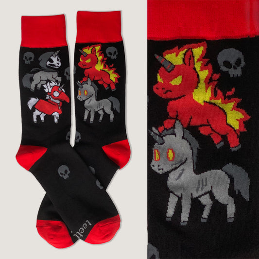 A comfortable pair of Four Unicorns of the Apocalypse Socks with glitter and a unicorn design by TeeTurtle.