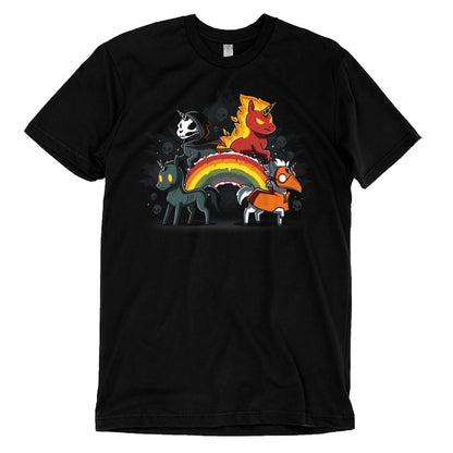 A Four Unicorns of the Apocalypse pt 2 black t-shirt with an image of a unicorn and a rainbow, perfect for unicorn lovers by TeeTurtle.