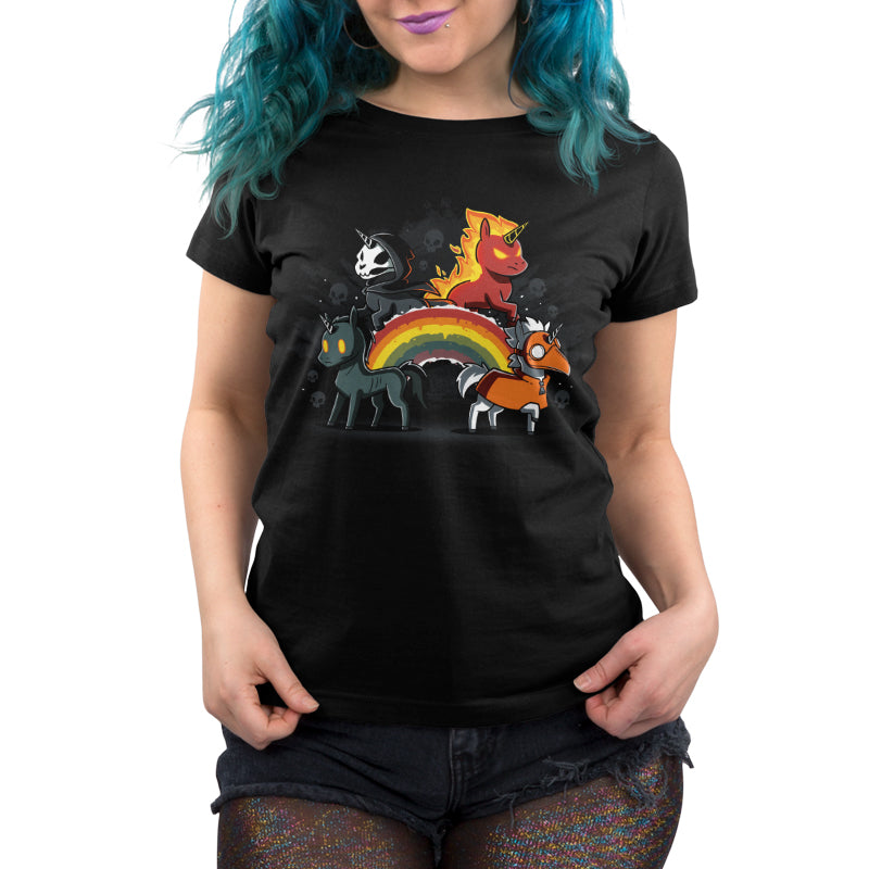 A women's black t-shirt featuring a vibrant image of Four Unicorns of the Apocalypse pt 2 and a rainbow, by TeeTurtle.
