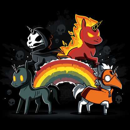 Four Unicorns of the Apocalypse pt 2 with a rainbow in the background on a TeeTurtle t-shirt.