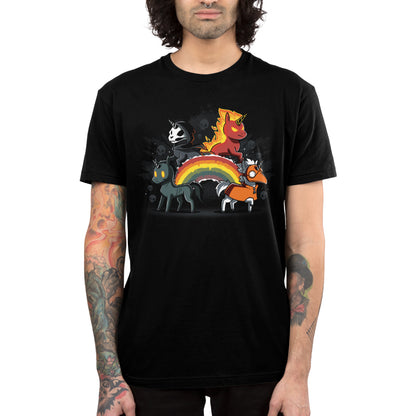 A black men's Four Unicorns of the Apocalypse pt 2 t-shirt featuring an enchanting unicorn and a vibrant rainbow by TeeTurtle.