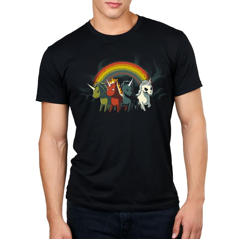 A glittery men's Four Unicorns of the Apocalypse t-shirt with a rainbow, by TeeTurtle.