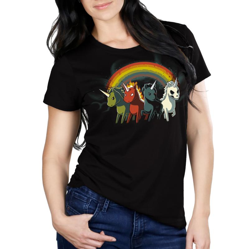 A women's black t-shirt from TeeTurtle with the Four Unicorns of the Apocalypse.