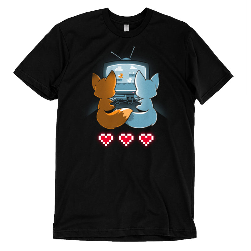 A comfortable Fur the Love of Gaming t-shirt adorned with two foxes and hearts by TeeTurtle.