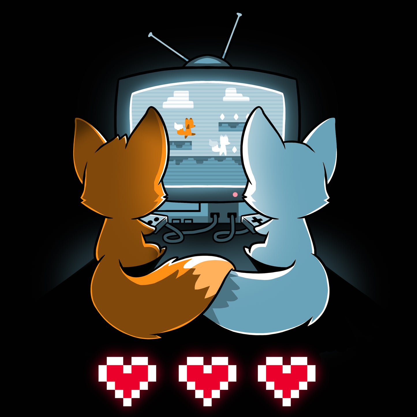 Two foxes playing video games in front of a television wearing TeeTurtle's Fur the Love of Gaming gaming t-shirts.