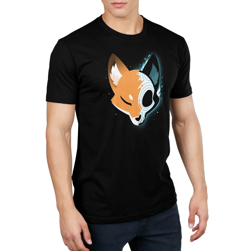 Premium Cotton T-shirt_Teeturtle Skull Fox Black t-shirt featuring a spooky stylized fox head facing forward, with one half in a stylized x-ray view showing a Day of the Dead/Dios de los Muertos skull.