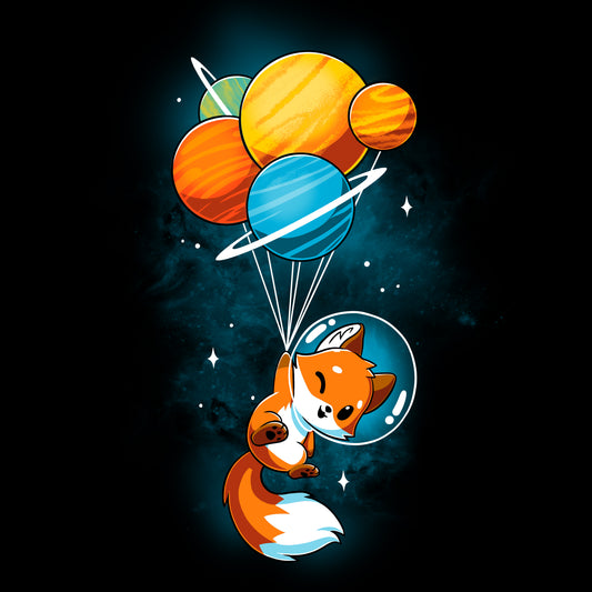 A TeeTurtle Foxy Astronaut floats in space with balloons and planets on a black T-shirt.