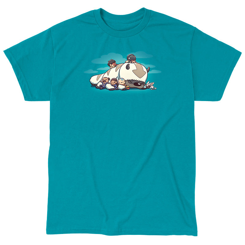 Classic Cotton T-shirt_TeeTurtle tropical blue Sleepy Gaang apparel featuring Aang, Katara, Sokka, Toph, Zuko and Momo from Avatar: The Last Airbender, all asleep and cuddling wtih Appa the Air Bison, who is also asleep, with a background of clouds. 