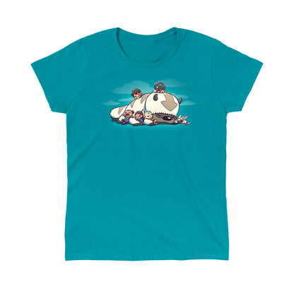 Classic Cotton T-shirt_TeeTurtle tropical blue Sleepy Gaang apparel featuring Aang, Katara, Sokka, Toph, Zuko and Momo from Avatar: The Last Airbender, all asleep and cuddling wtih Appa the Air Bison, who is also asleep, with a background of clouds. 