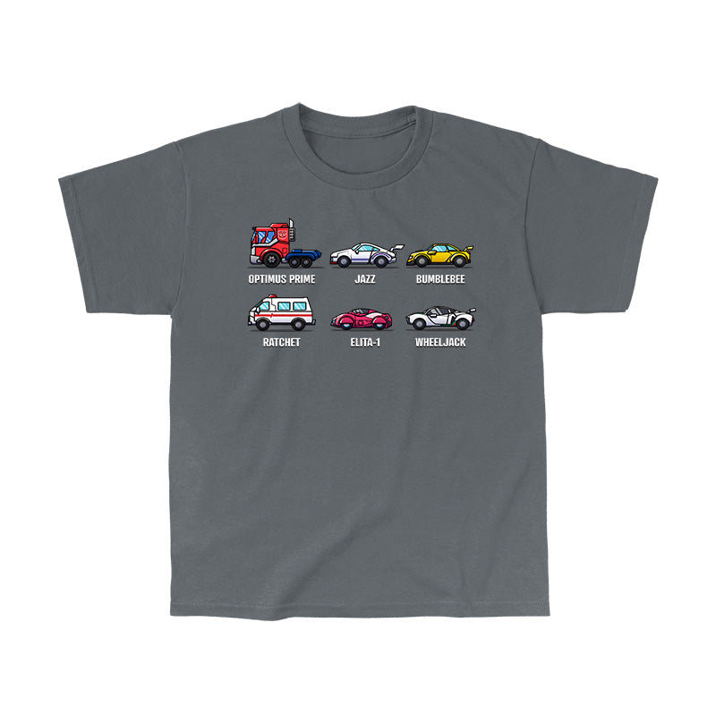 Classic Cotton T-shirt_TeeTurtle charcoal Autobots Vehicle Grid Classic Cotton T-shirt featuring the vehicle personas of Optimus Prime, Jazz, Bumblebee, Ratchet, Elita-1, and Wheeljack in a grid