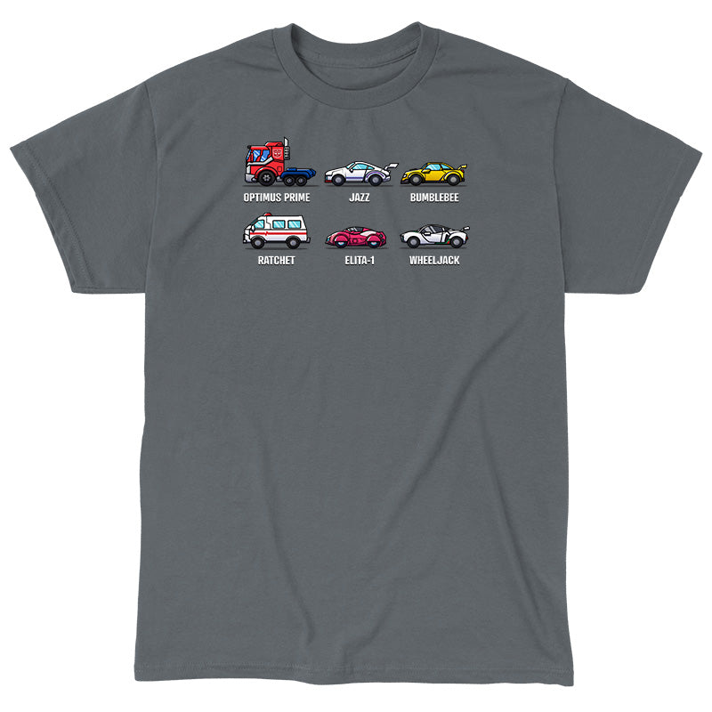 Classic Cotton T-shirt_TeeTurtle charcoal Autobots Vehicle Grid Classic Cotton T-shirt featuring the vehicle personas of Optimus Prime, Jazz, Bumblebee, Ratchet, Elita-1, and Wheeljack in a grid