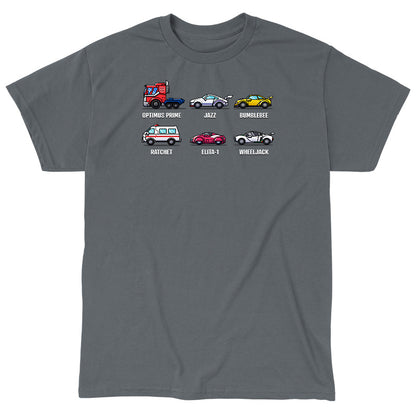 Classic Cotton T-shirt_TeeTurtle charcoal Autobots Vehicle Grid Classic Cotton T-shirt featuring the vehicle personas of Optimus Prime, Jazz, Bumblebee, Ratchet, Elita-1, and Wheeljack in a grid