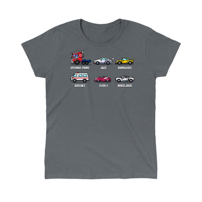 Classic Cotton T-shirt_TeeTurtle charcoal Autobots Vehicle Grid Classic Cotton T-shirt featuring the vehicle personas of Optimus Prime, Jazz, Bumblebee, Ratchet, Elita-1, and Wheeljack in a grid