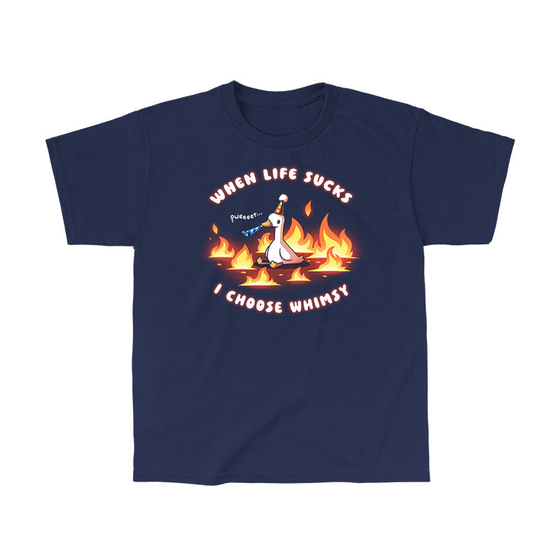 Classic Cotton T-shirt_TeeTurtle navy When Life Sucks I Choose Whimsy Classic Cotton T-shirt featuring a goose with a party hat and a noisemaker sitting surrounded by fire. The text reads "When Life Sucks I choose Whimsy" with "pweeeet" as the sound of the noisemaker. 