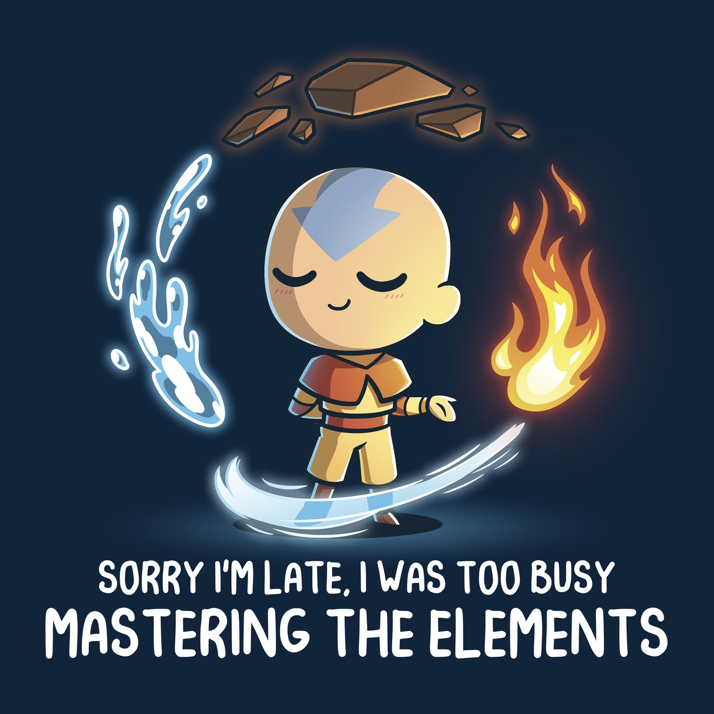Long Sleeve T-shirt_TeeTurtle navy blue Busy Mastering The Elements apparel featuring Aang from Avatar: The Last Airbender surrounded by levitating water, earth, fire, and air.