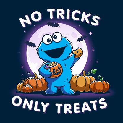 Long Sleeve T-shirt_TeeTurtle navy blue No Tricks Only Treats (Cookie Monster) apparel featuring Cookie Monster holding a cookie and a pumpkin basket of treats with pumpkins, bats, and a full moon in the background, and the caption, “No Tricks, Only Treats“.