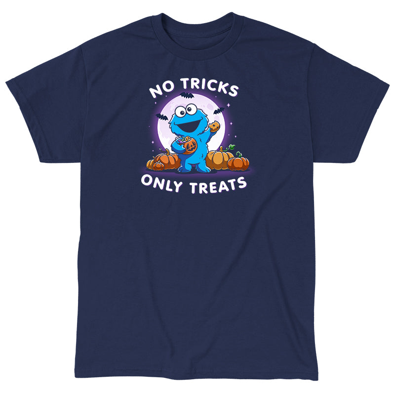 Classic Cotton T-shirt_TeeTurtle navy blue No Tricks Only Treats (Cookie Monster) apparel featuring Cookie Monster holding a cookie and a pumpkin basket of treats with pumpkins, bats, and a full moon in the background, and the caption, “No Tricks, Only Treats“.
